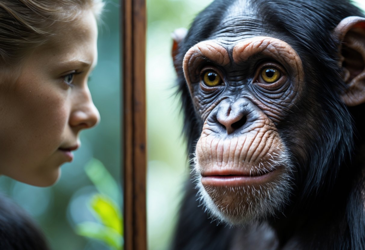 A chimpanzee looking at its own reflection in a mirror, showing a close-up of its face and eyes.