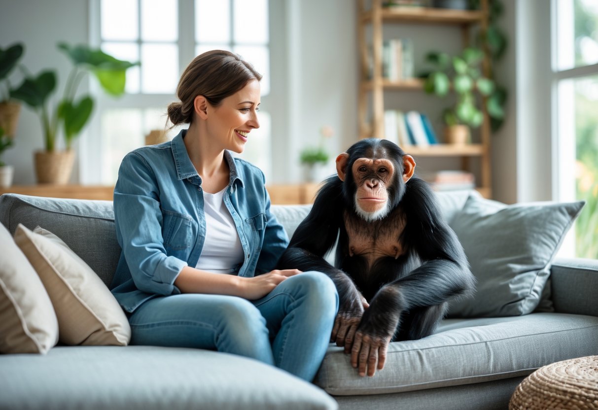 A person sitting on a sofa smiling at a chimpanzee sitting nearby in a cozy living room.