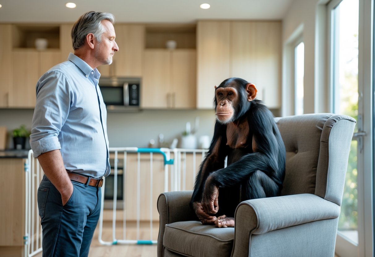 A man standing in a living room looking cautiously at a chimpanzee sitting on an armchair nearby.
