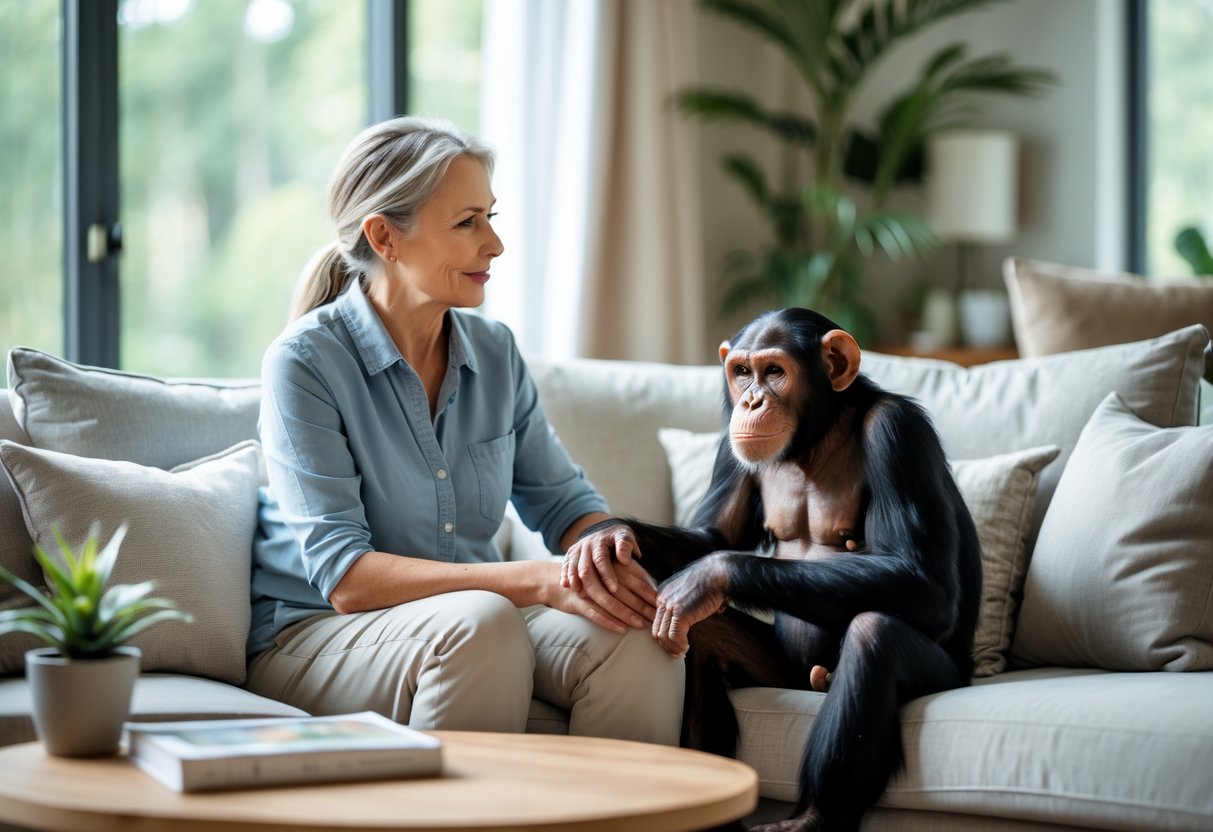 A person sitting on a sofa gently interacting with a chimpanzee in a calm indoor setting.