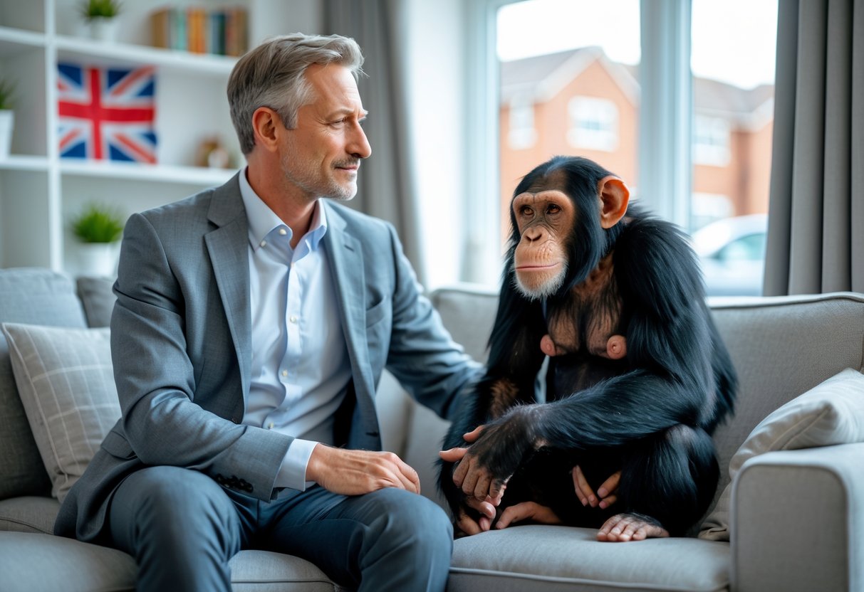 A man sitting on a sofa gently interacting with a chimpanzee in a bright living room with a window showing a UK neighborhood.