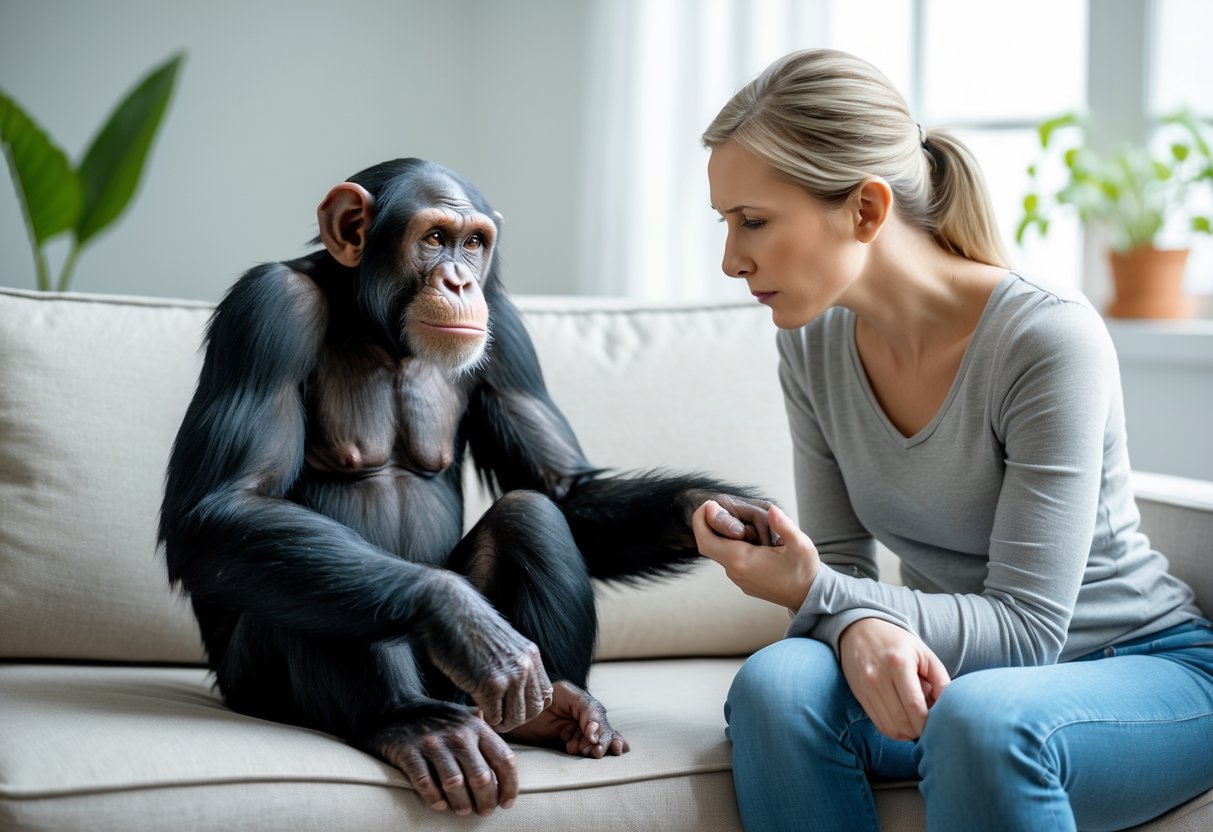 An adult chimpanzee sitting on a couch next to a person reaching out a hand toward it in a clean indoor room.