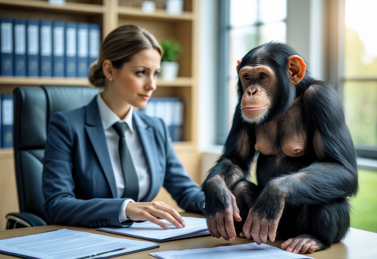 A person sitting at a desk with a chimpanzee in an office filled with legal books and documents.