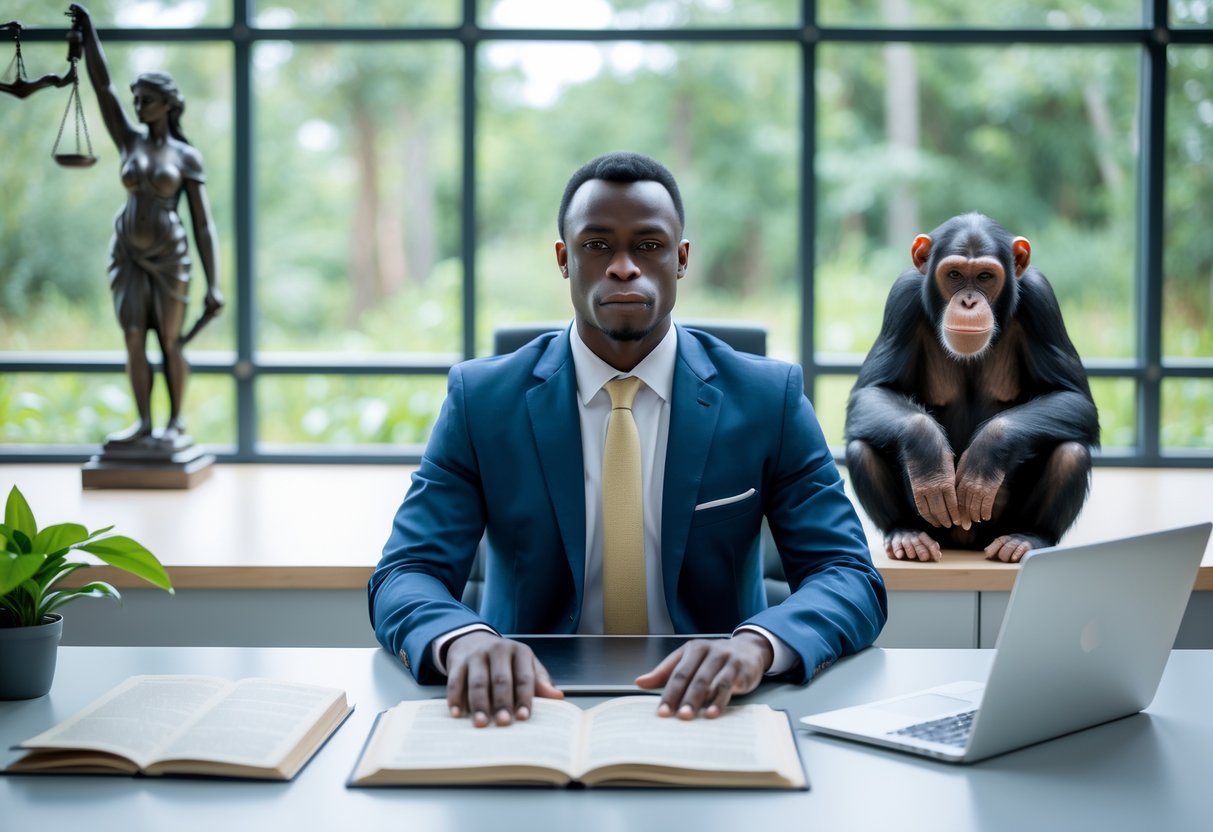 A professional sitting at a desk with legal documents and a laptop, looking thoughtfully toward a chimpanzee resting in a naturalistic enclosure visible through a window.