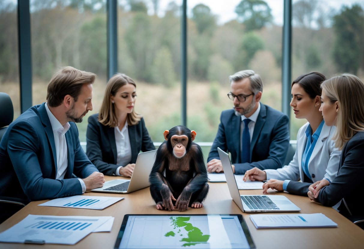A group of professionals discussing chimpanzee ownership around a conference table with documents and a chimpanzee model in a modern office with a window showing trees outside.