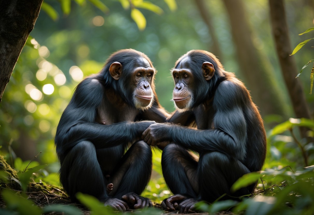 Two chimpanzees sitting close together in a forest, gently touching and looking at each other affectionately.