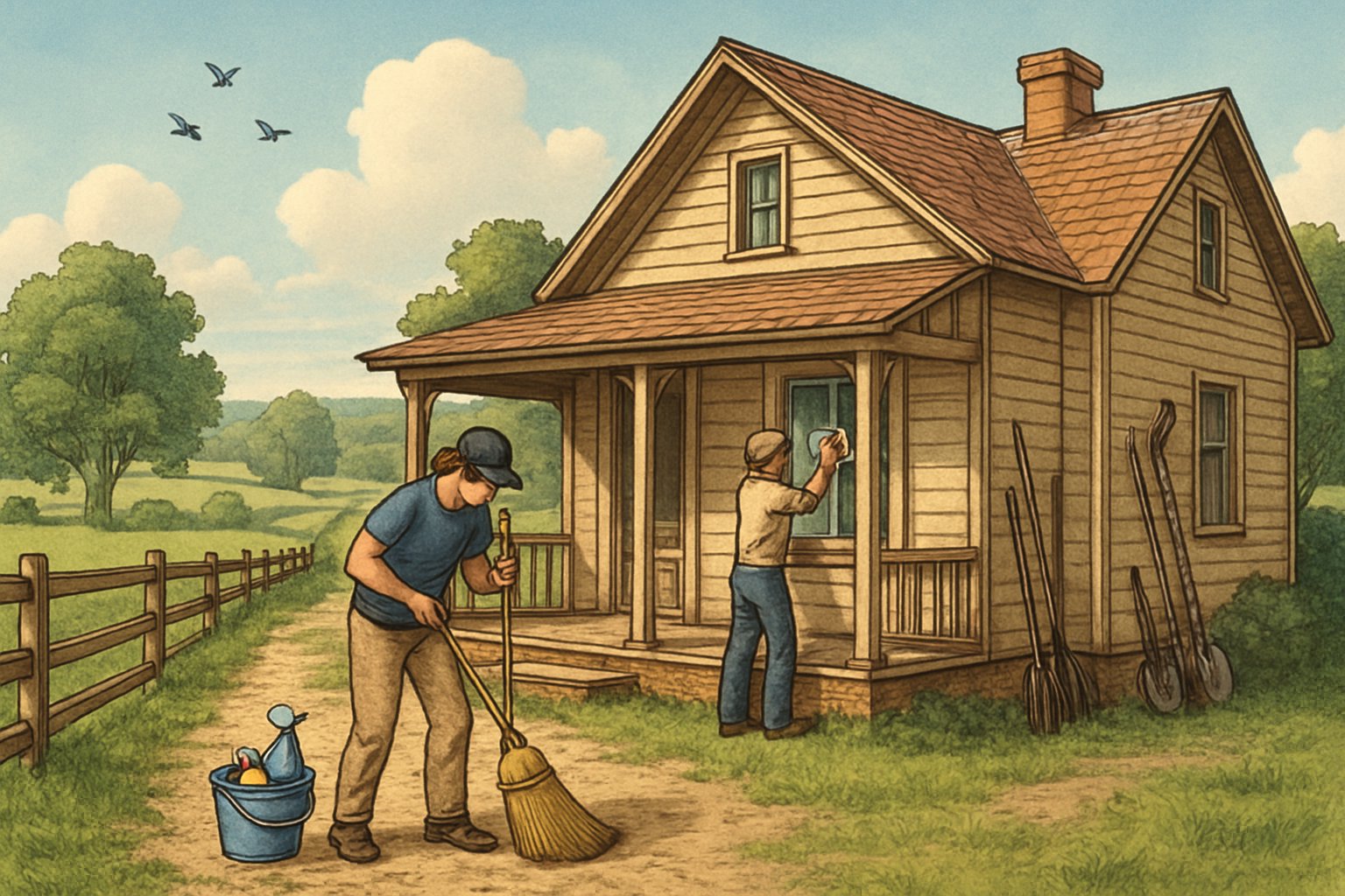 Two people cleaning a farmhouse porch and windows in a rural area with green fields and trees around.