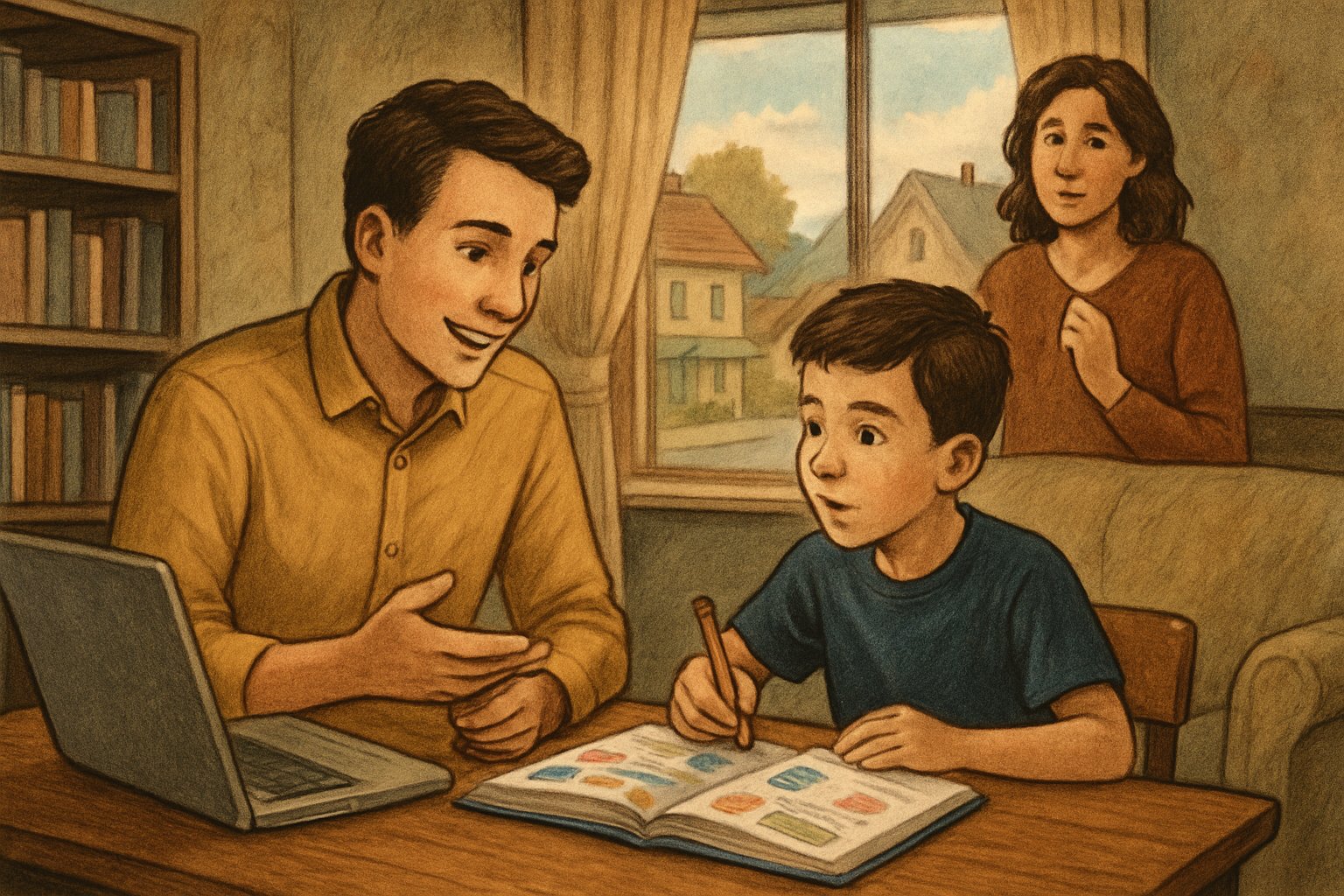 A tutor helping a child with schoolwork at a table in a cozy small-town home while a parent watches nearby.