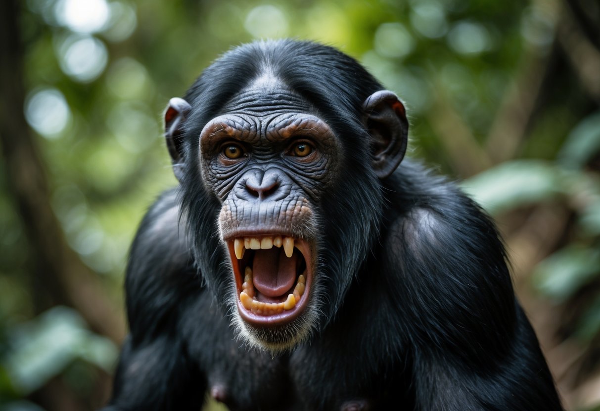 Close-up of an angry chimpanzee showing its teeth and wide eyes in a forest setting.
