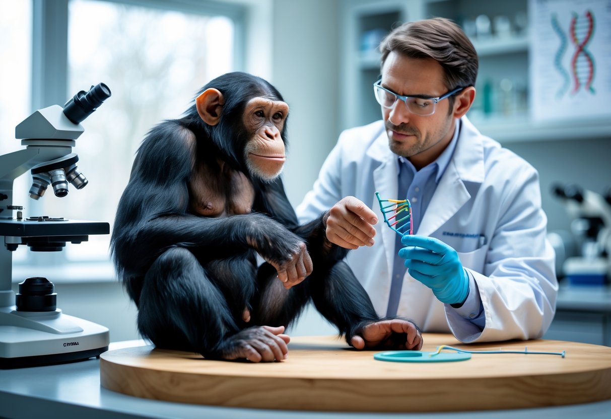 A chimpanzee sitting calmly next to a male scientist in a lab who is holding a DNA model and explaining genetic differences.