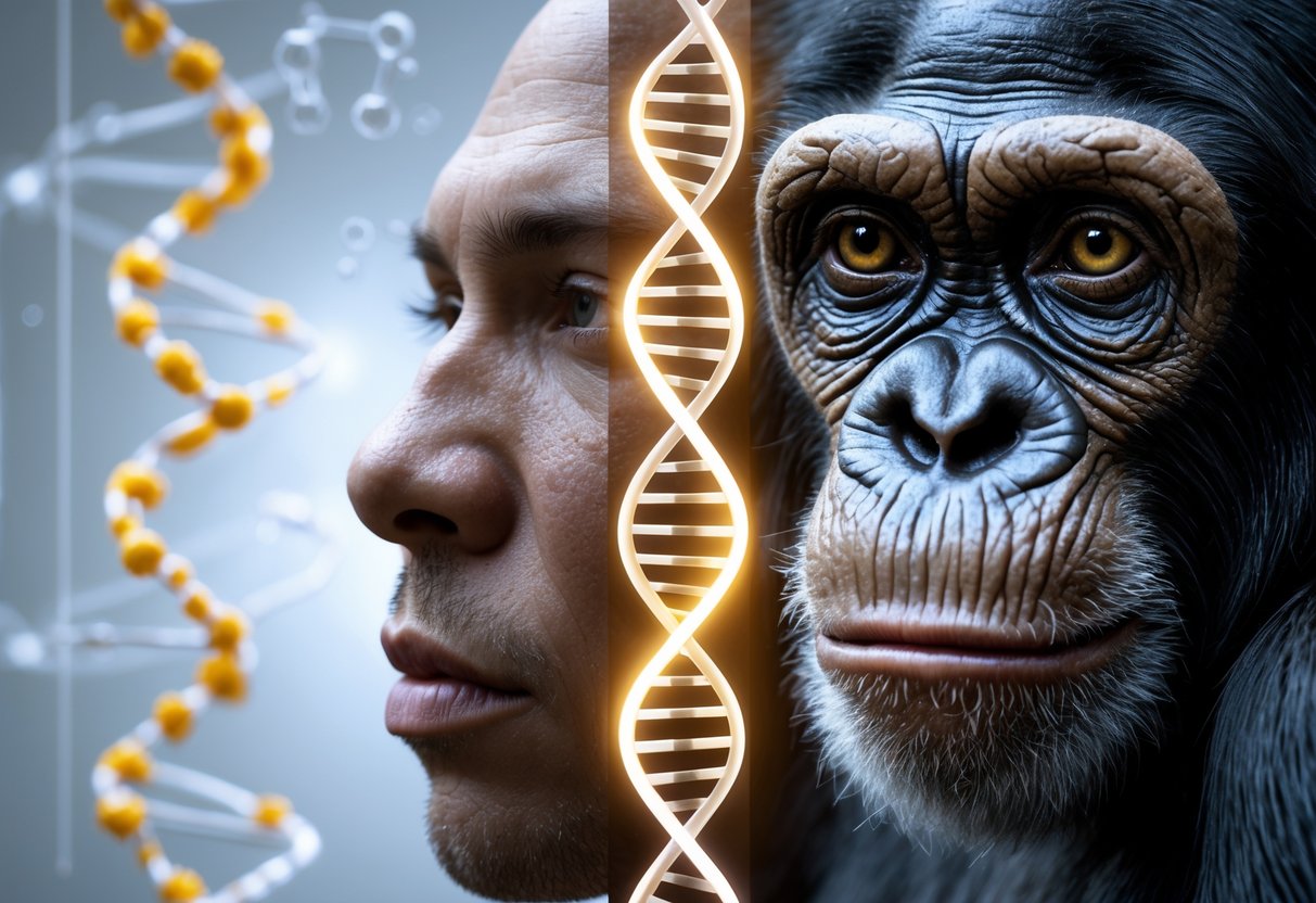 Side-by-side close-up of a human and a chimpanzee face with a glowing DNA strand between them, symbolizing genetic differences.