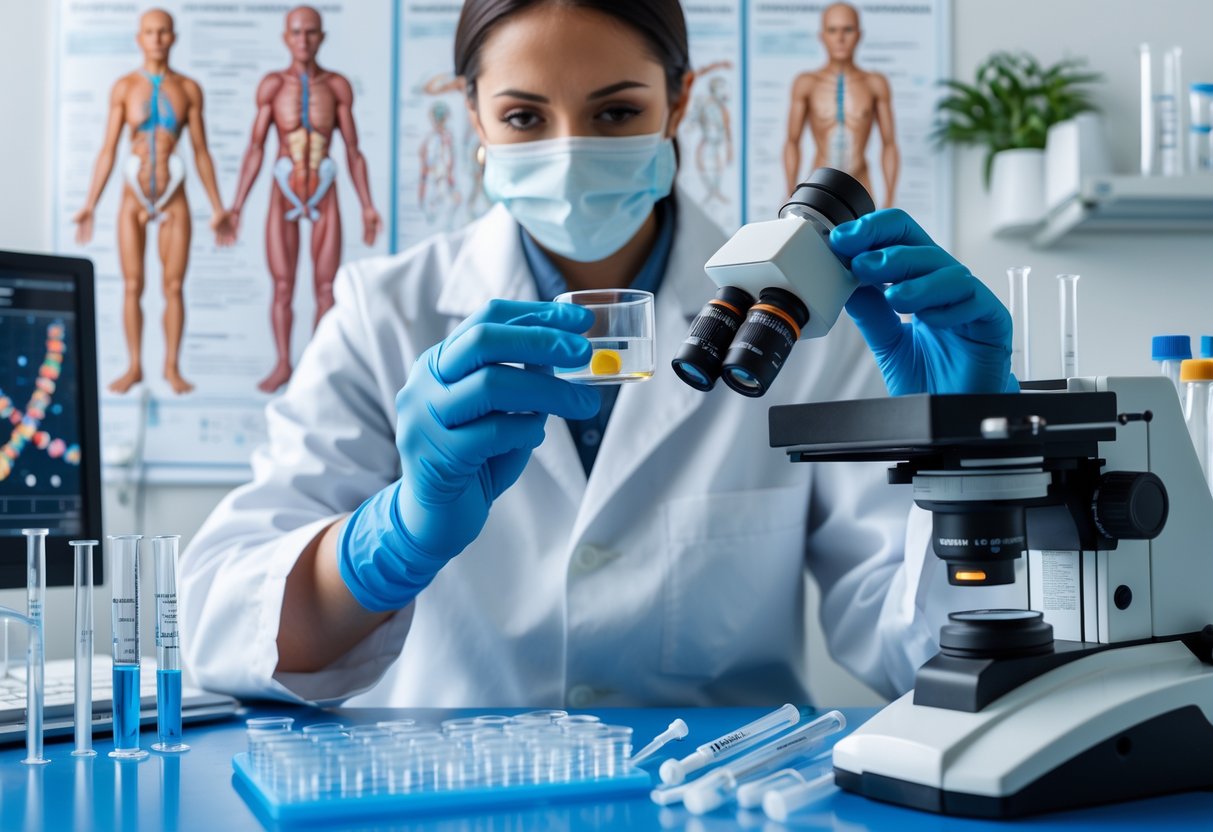 A scientist in a lab coat examining a sample under a microscope with reproductive system charts of humans and chimpanzees in the background.