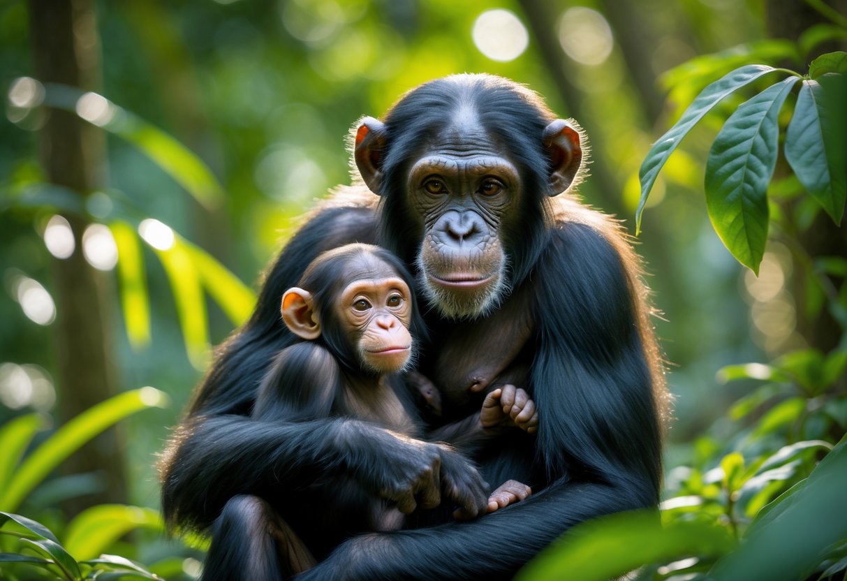 A chimpanzee mother holding her baby closely in a green forest setting.