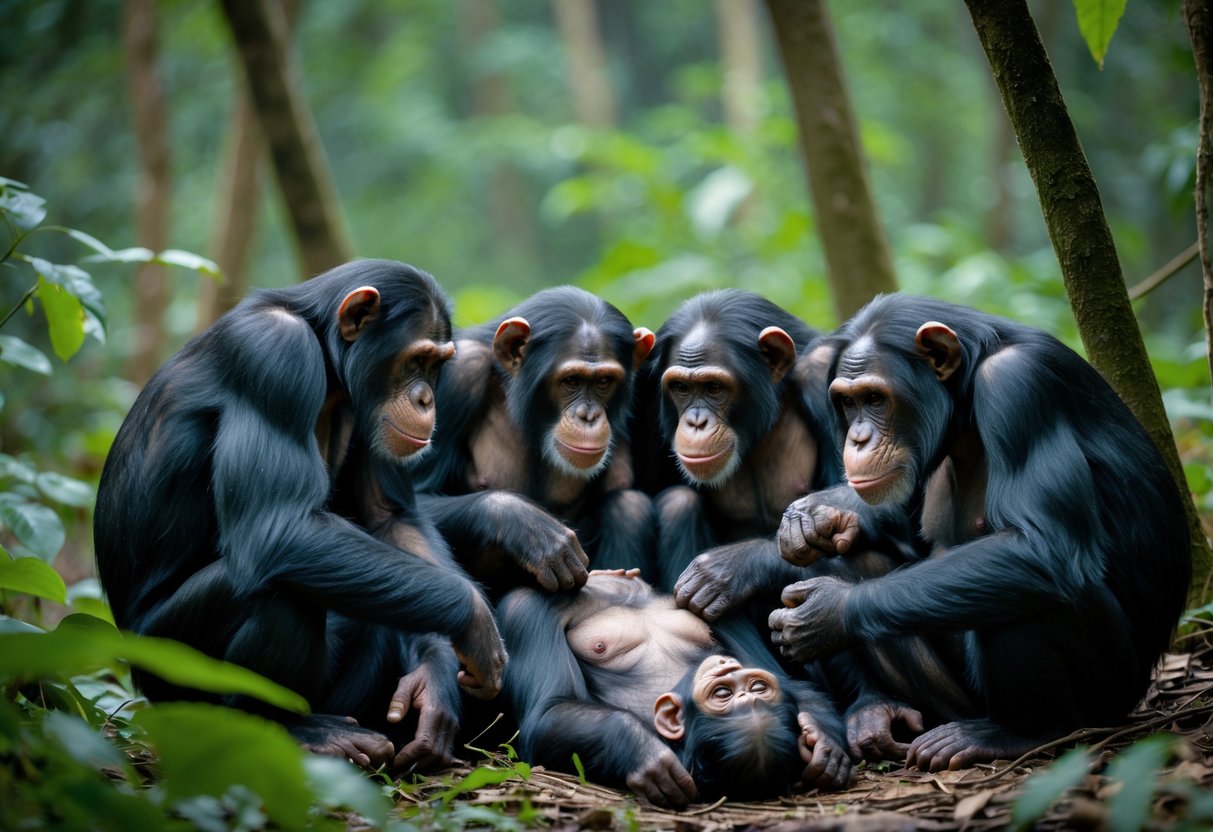 A group of chimpanzees gathered closely around a lifeless chimpanzee on the forest floor, showing signs of mourning.