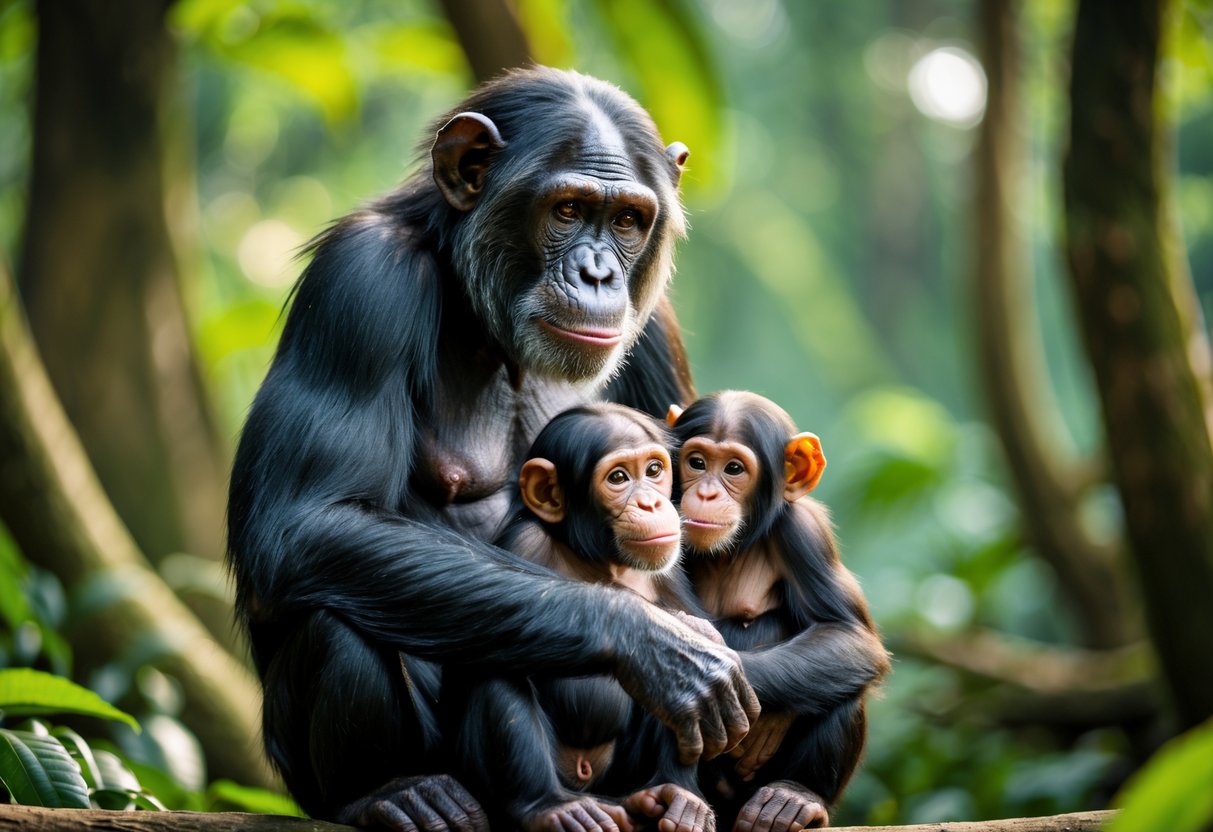 A chimpanzee mother holding and caring for her young babies in a forest setting.