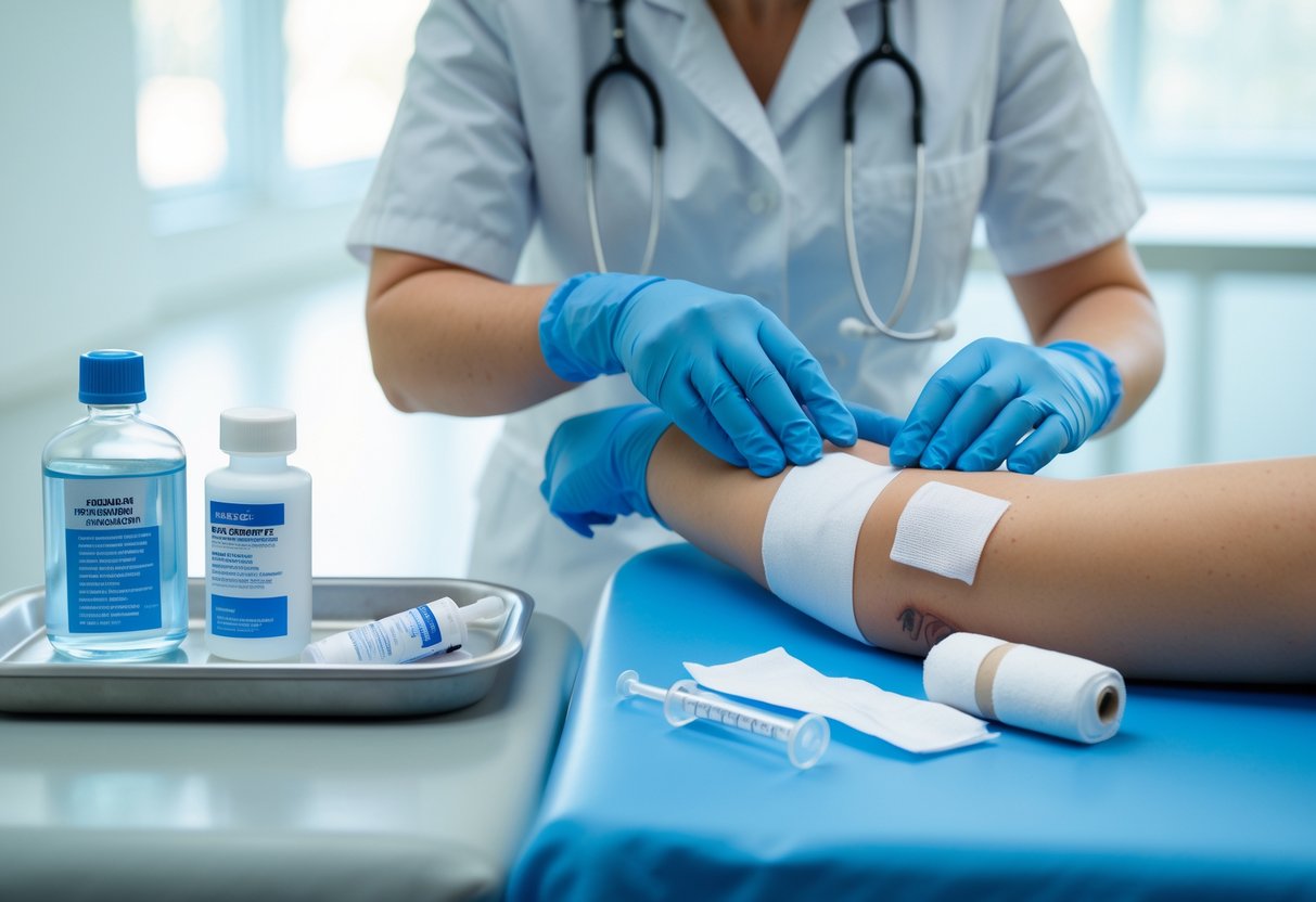 A healthcare professional cleaning a patient's arm wound in a medical office with medical supplies nearby.