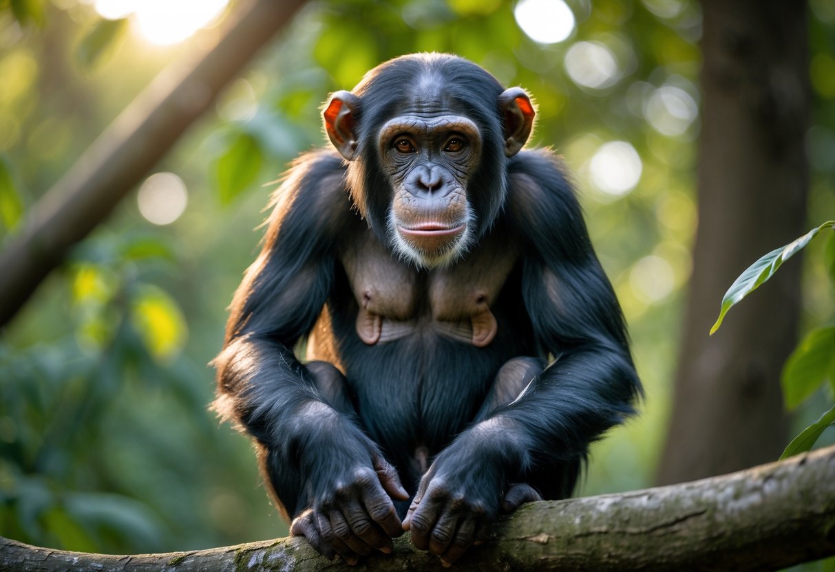A chimpanzee sitting calmly on a tree branch in a green forest, looking directly ahead.