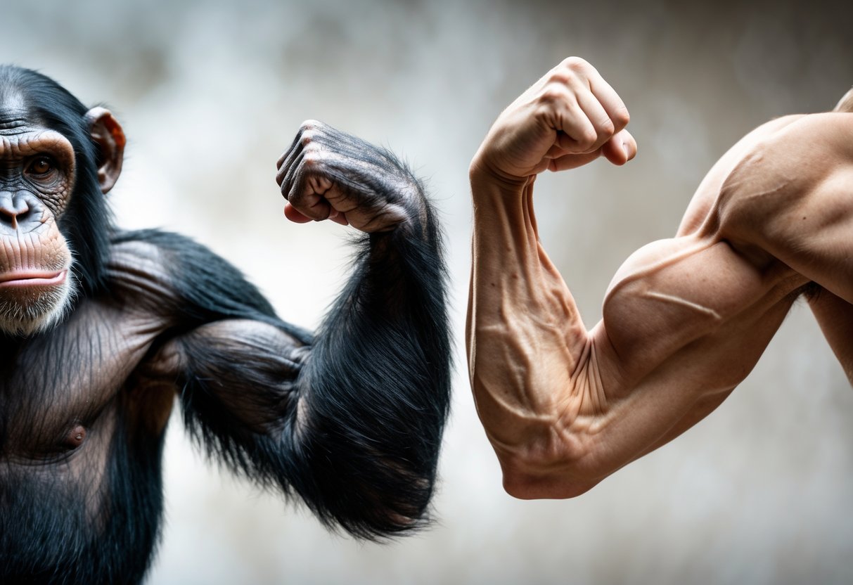 Close-up of a chimpanzee and a human arm flexing side by side for comparison.