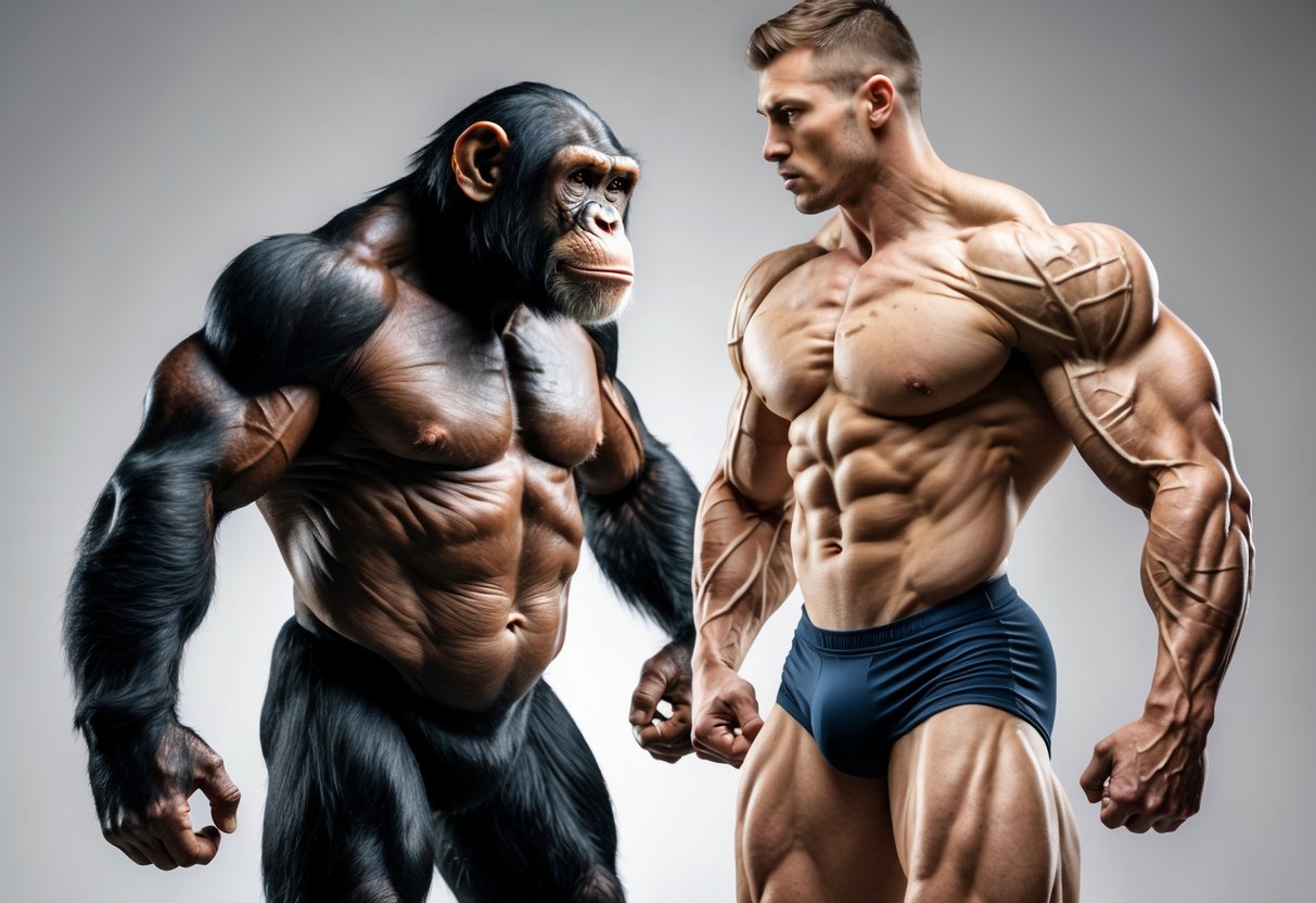 Side-by-side view of a chimpanzee and a human male in athletic poses showing their muscles for comparison.