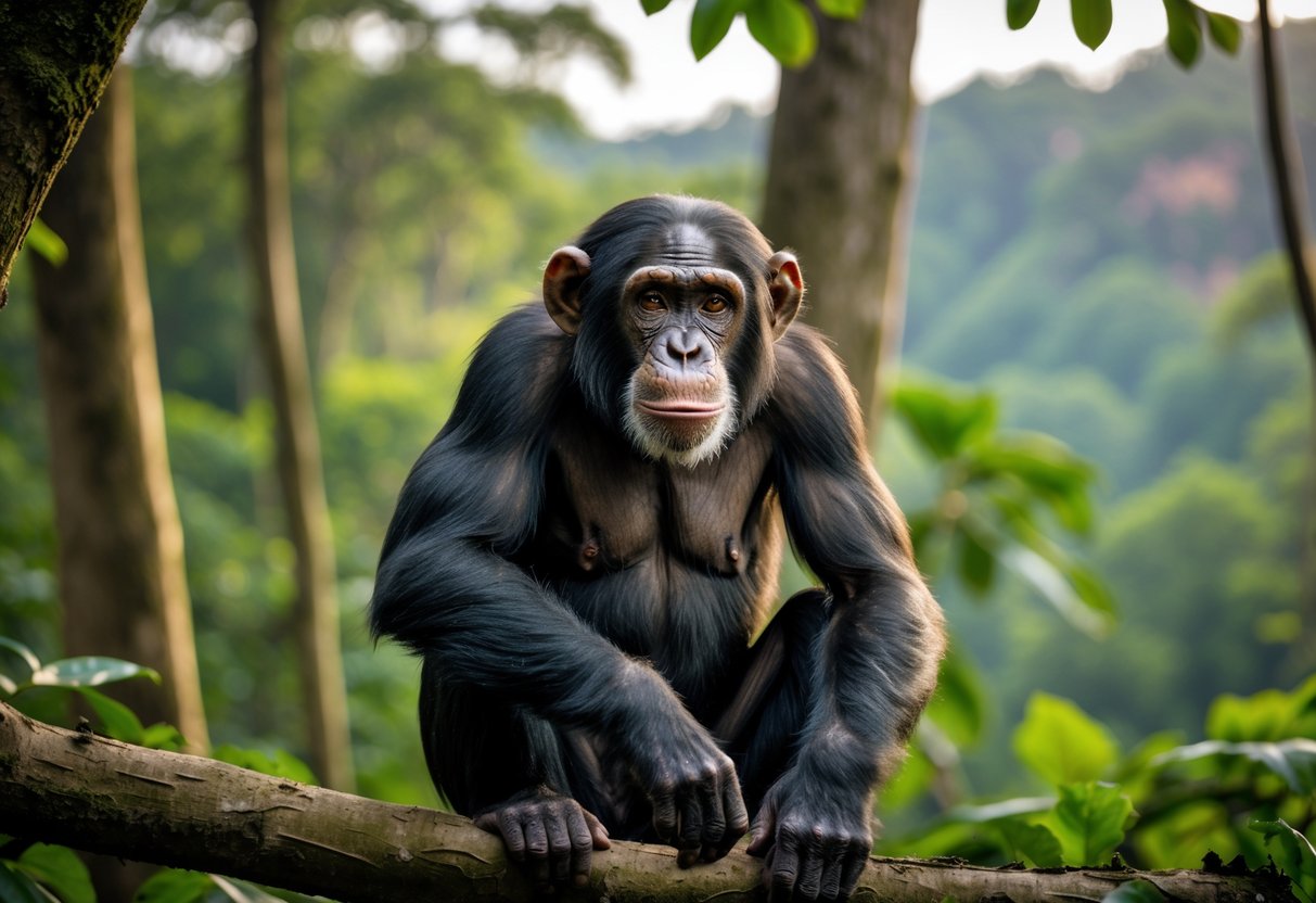 A chimpanzee sitting in a dense forest with trees and green leaves, with a distant area showing signs of deforestation.