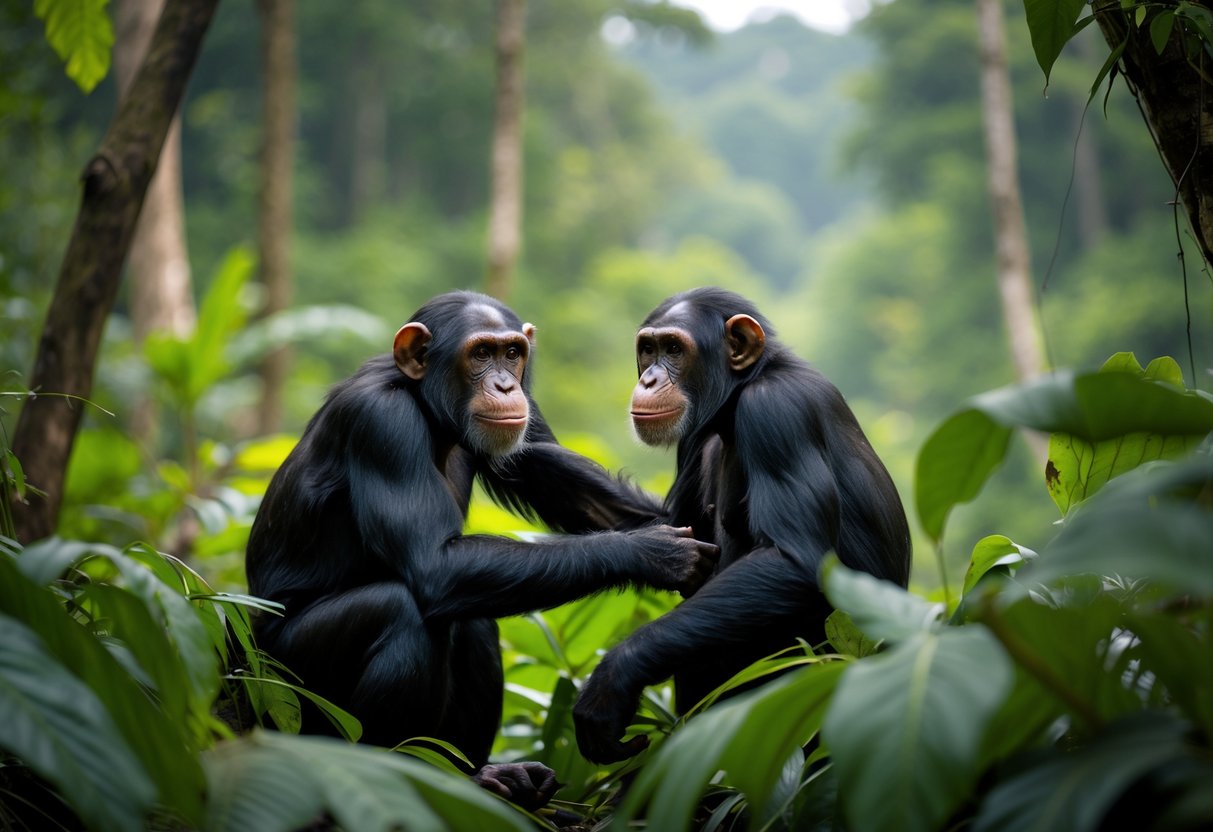 A group of chimpanzees interacting in a dense tropical forest with signs of deforestation visible in the background.