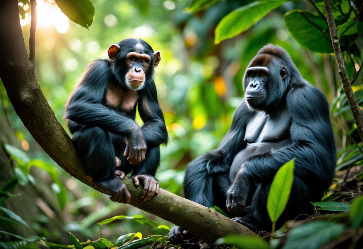 A chimpanzee sitting on a tree branch and a gorilla sitting on the ground in a green jungle setting.