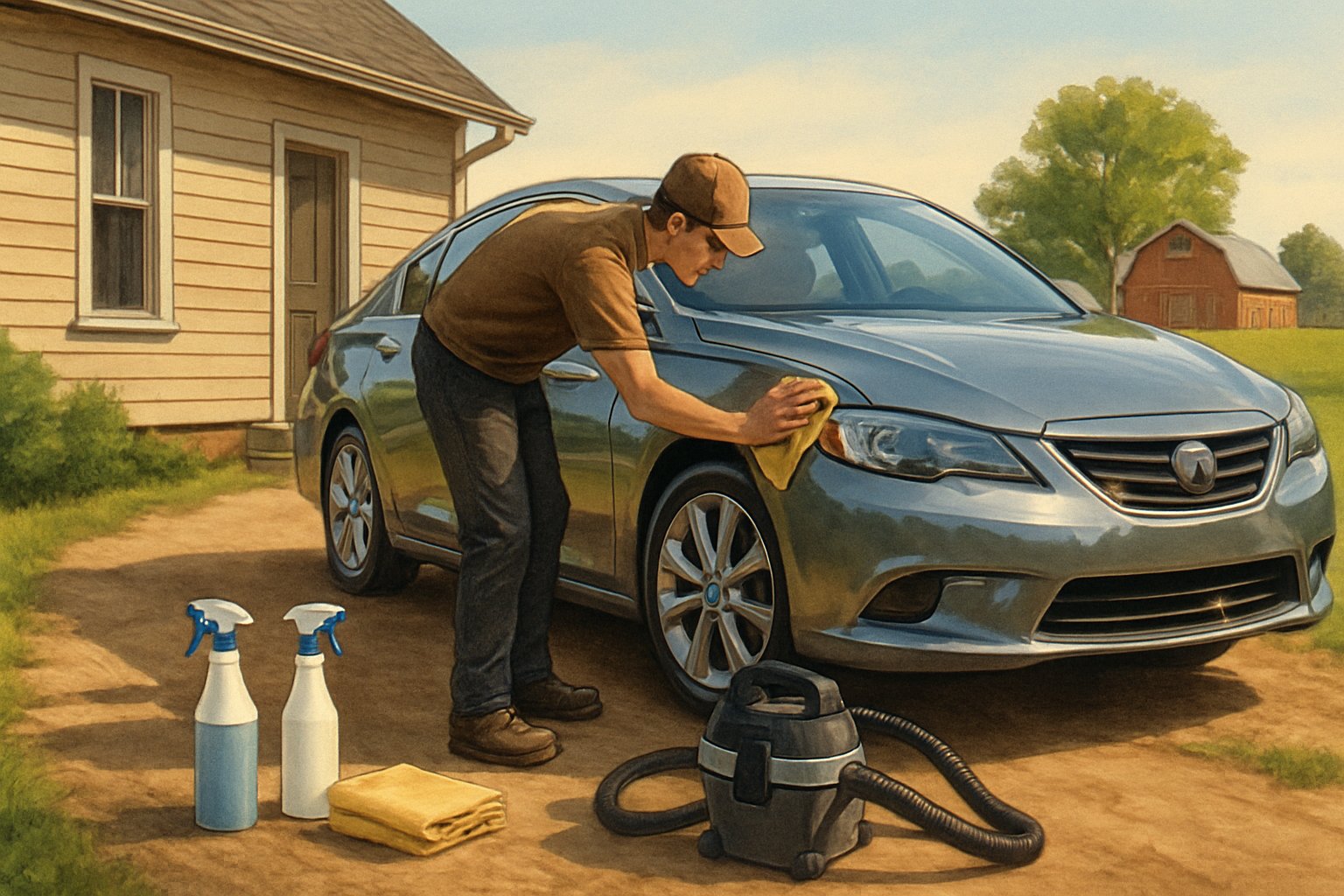 A person cleaning and polishing a car outside a farmhouse in a rural area with fields and a barn in the background.
