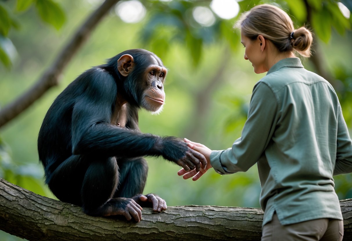 A chimpanzee sitting on a tree branch closely observing a human who is gently extending a hand toward it in a forest.