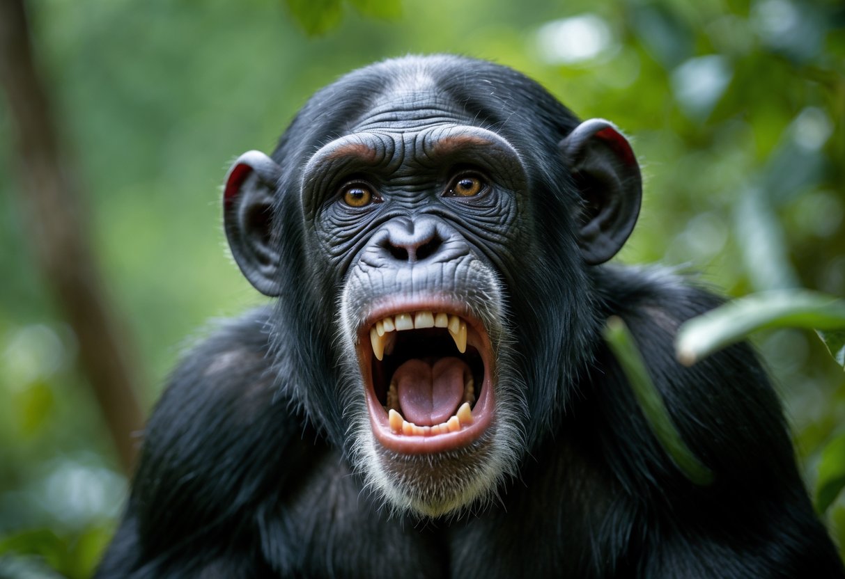 A chimpanzee in a forest with its mouth open, appearing to scream.