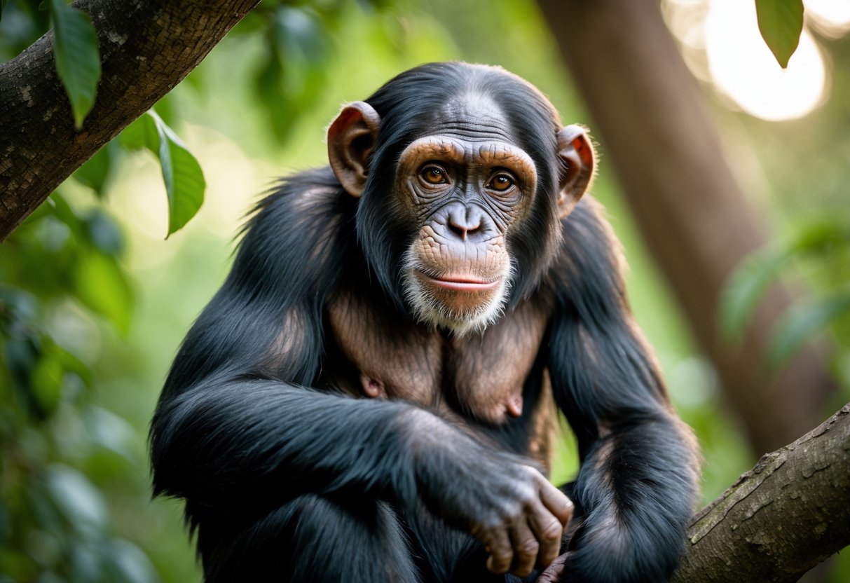 A chimpanzee sitting calmly on a tree branch surrounded by green leaves, looking gentle and friendly.