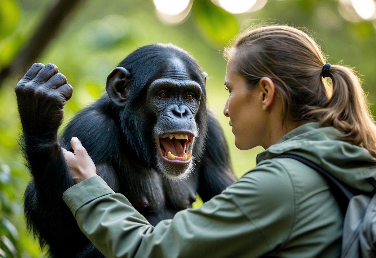 A chimpanzee showing a warning gesture towards a cautious human in a forest setting.