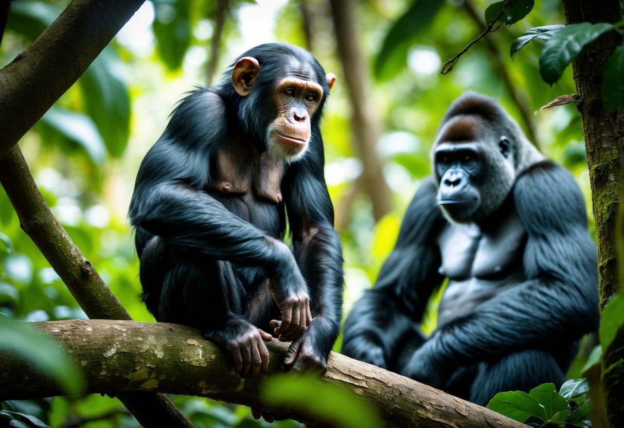 A chimpanzee sitting on a tree branch and a gorilla resting nearby on the forest floor in a lush jungle setting.