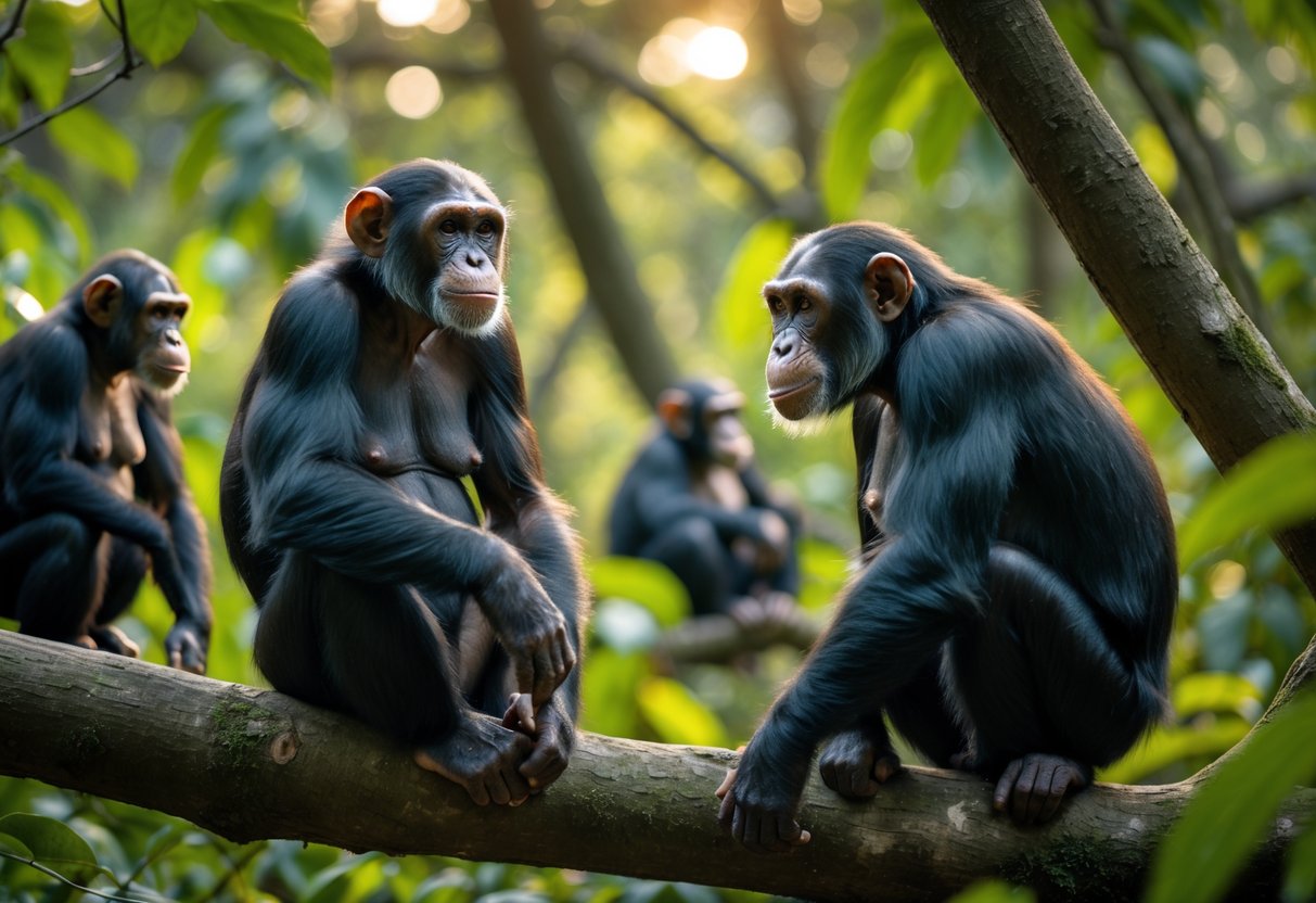 A mature female chimpanzee and a younger male chimpanzee interacting calmly in a forest setting with other chimpanzees nearby.