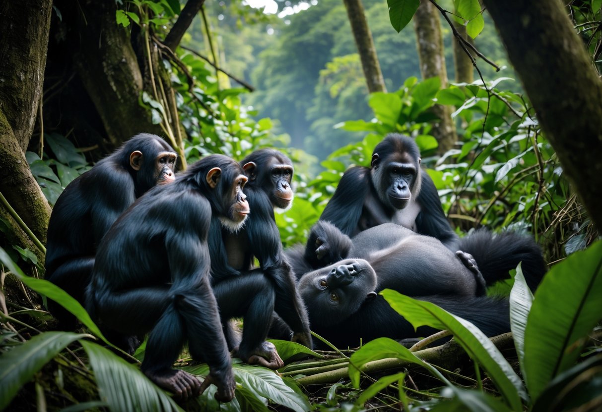 A group of chimpanzees gathered around a fallen gorilla in a dense rainforest setting.