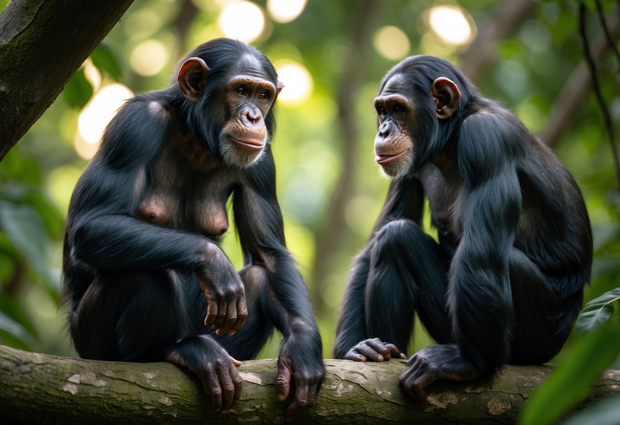 A male chimpanzee attentively looking at an older female chimpanzee sitting on a tree branch in a jungle.