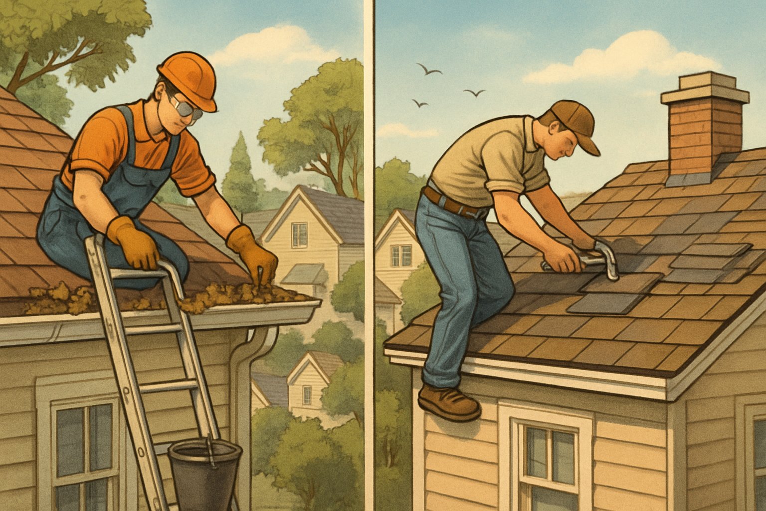 Two workers in a small town cleaning gutters and repairing a roof on houses during a clear morning.