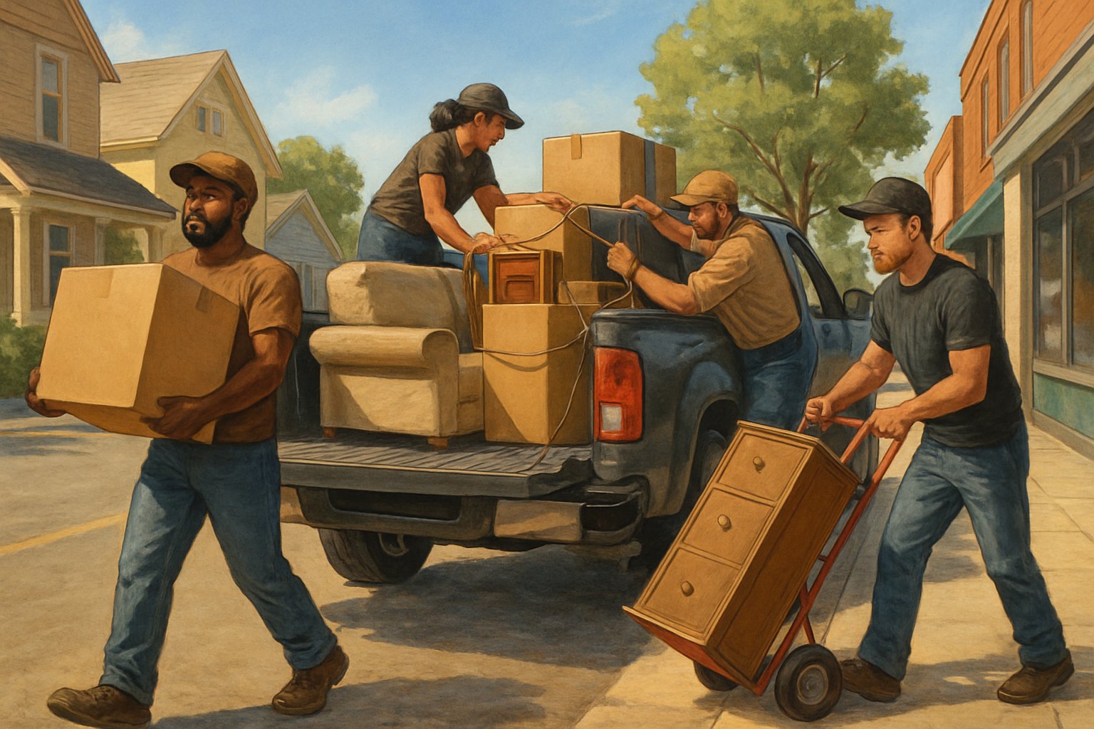 Workers loading furniture and boxes onto a pickup truck on a quiet small town street.