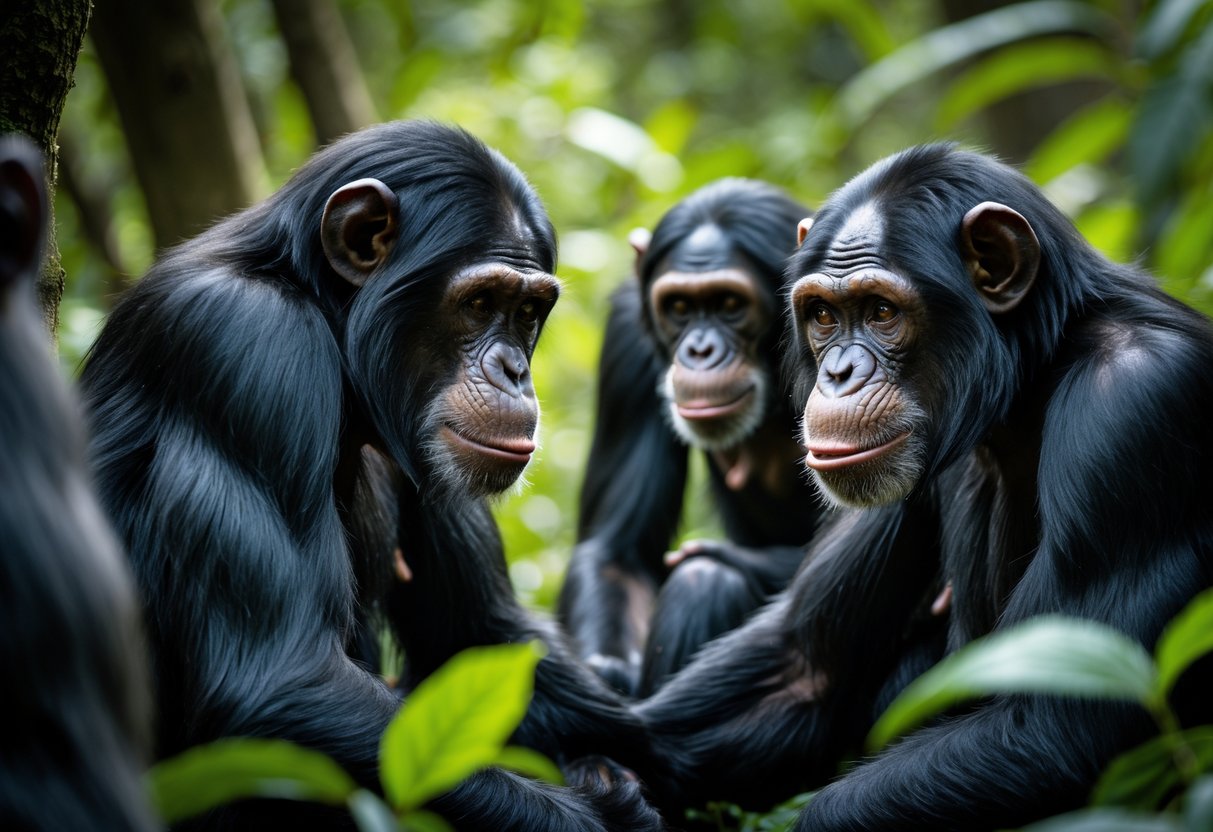 A dominant male chimpanzee displaying assertive behavior towards a female chimpanzee in a forest setting while other chimpanzees watch nearby.