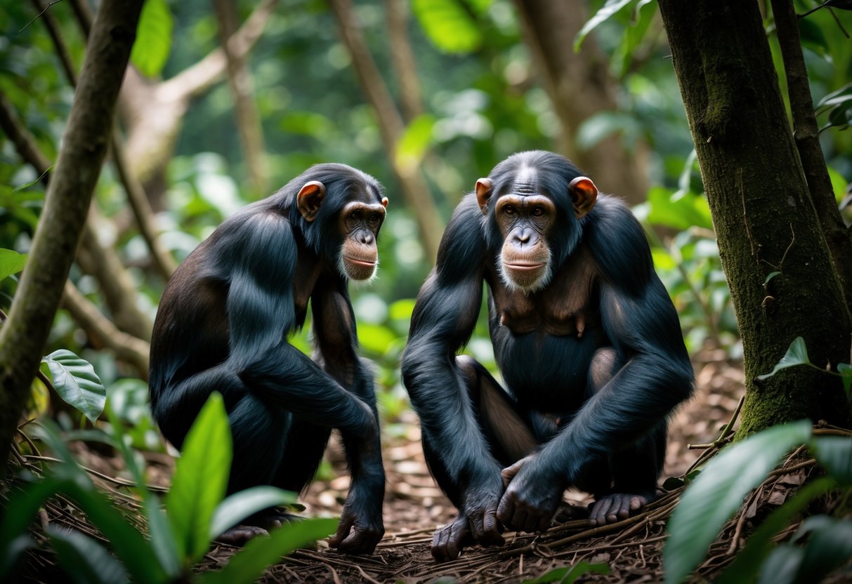 A dominant male chimpanzee interacting assertively with a female chimpanzee in a forest environment.