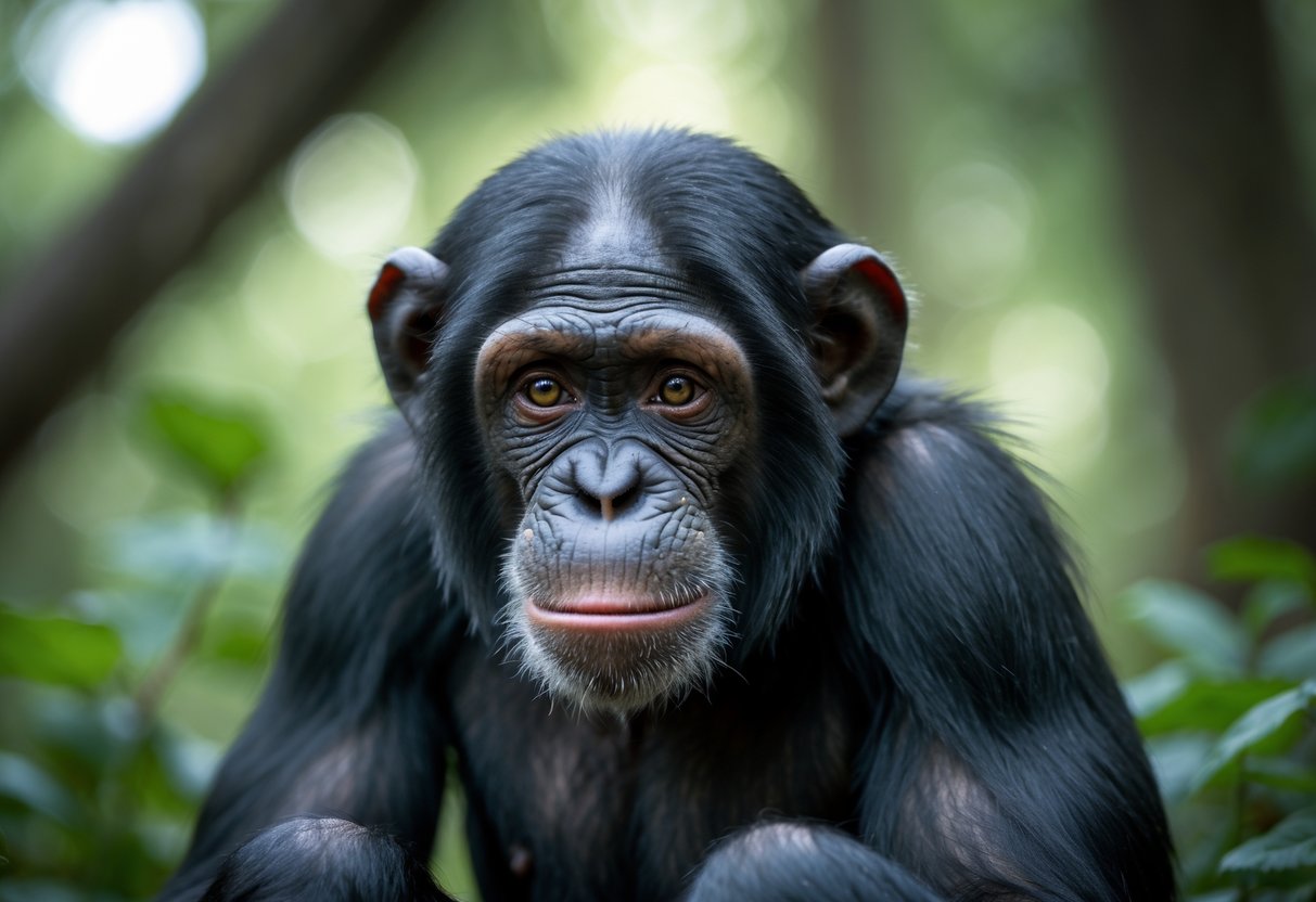 A close-up of a chimpanzee with watery eyes sitting in a forest.
