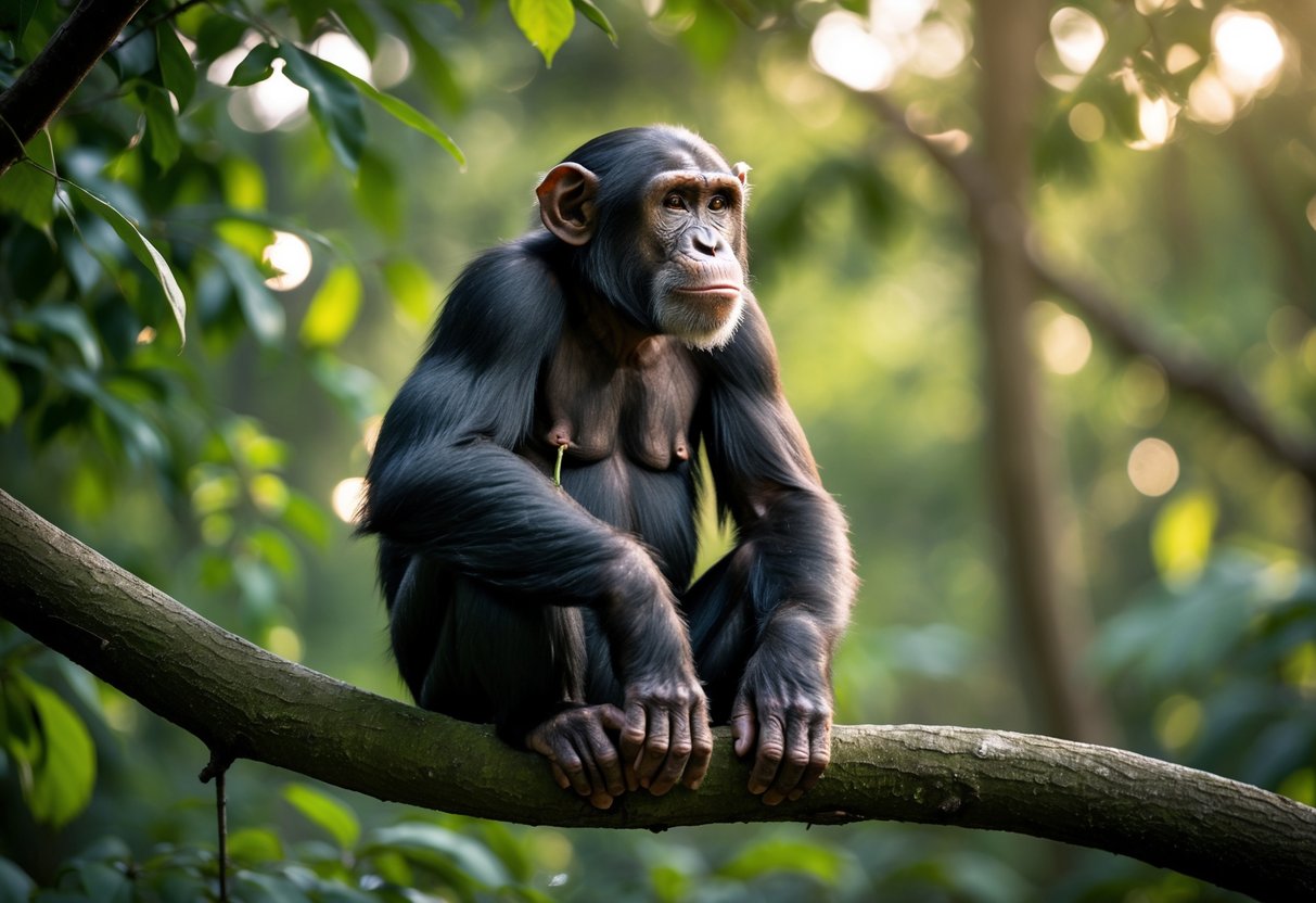 A chimpanzee sitting calmly on a tree branch in a green forest.