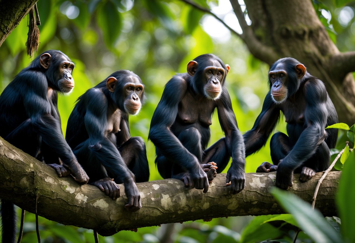 A female chimpanzee sitting on a tree branch surrounded by several male chimpanzees in a green forest.
