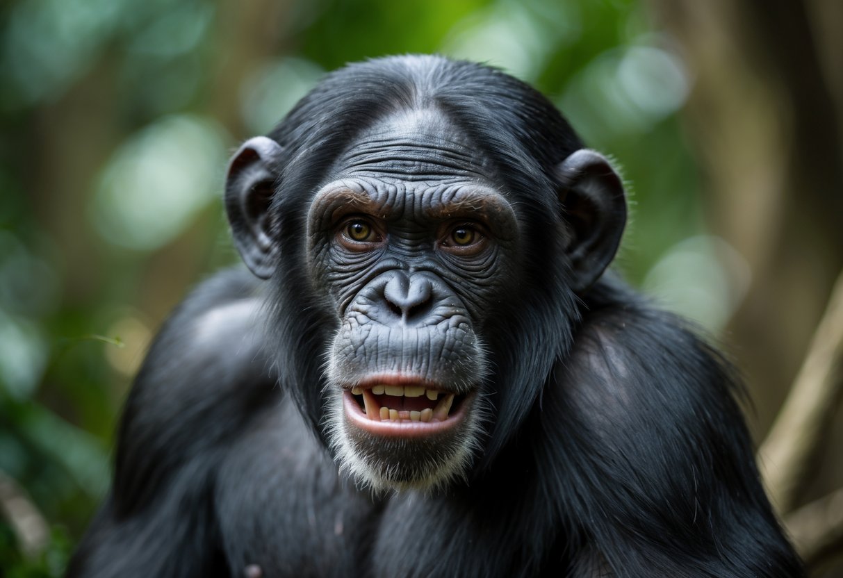 Close-up of a chimpanzee showing an angry expression in a jungle setting.