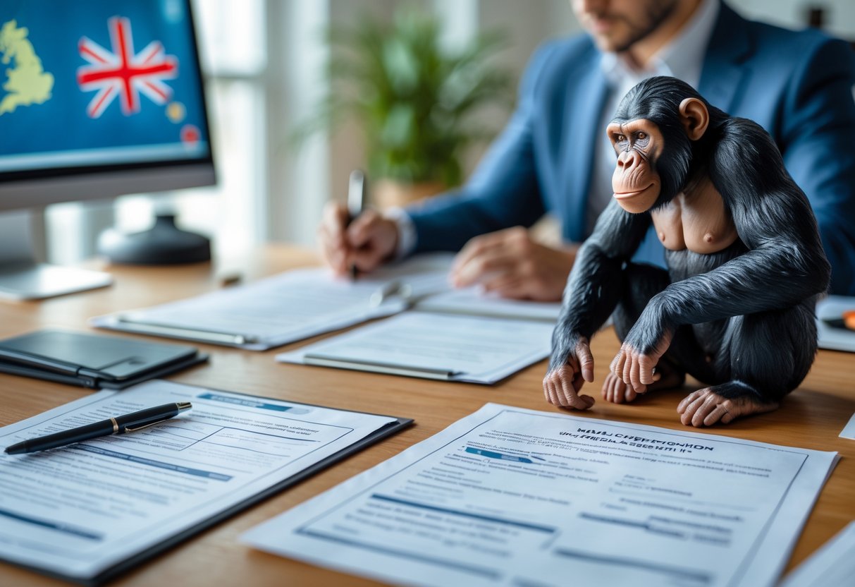 A person reviewing documents at a desk with a chimpanzee figurine and a blurred map of the United Kingdom on a computer screen in the background.