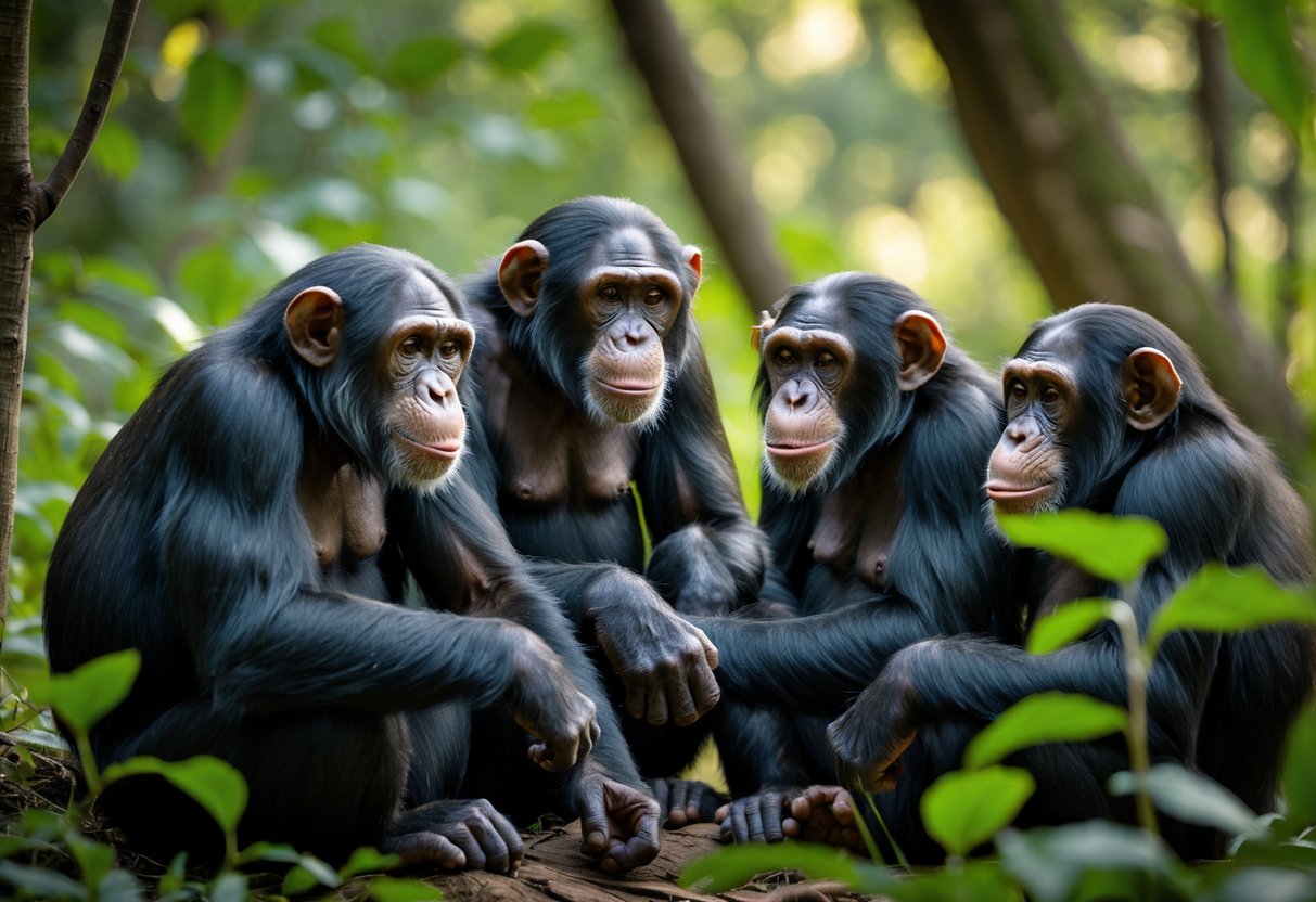 A group of chimpanzees interacting calmly in a forest setting surrounded by green trees.