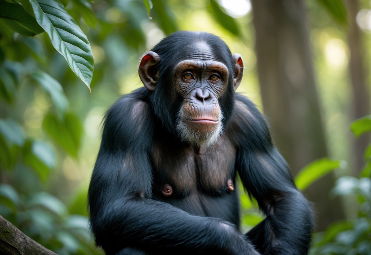 An adult chimpanzee sitting calmly in a forest with green leaves around it.