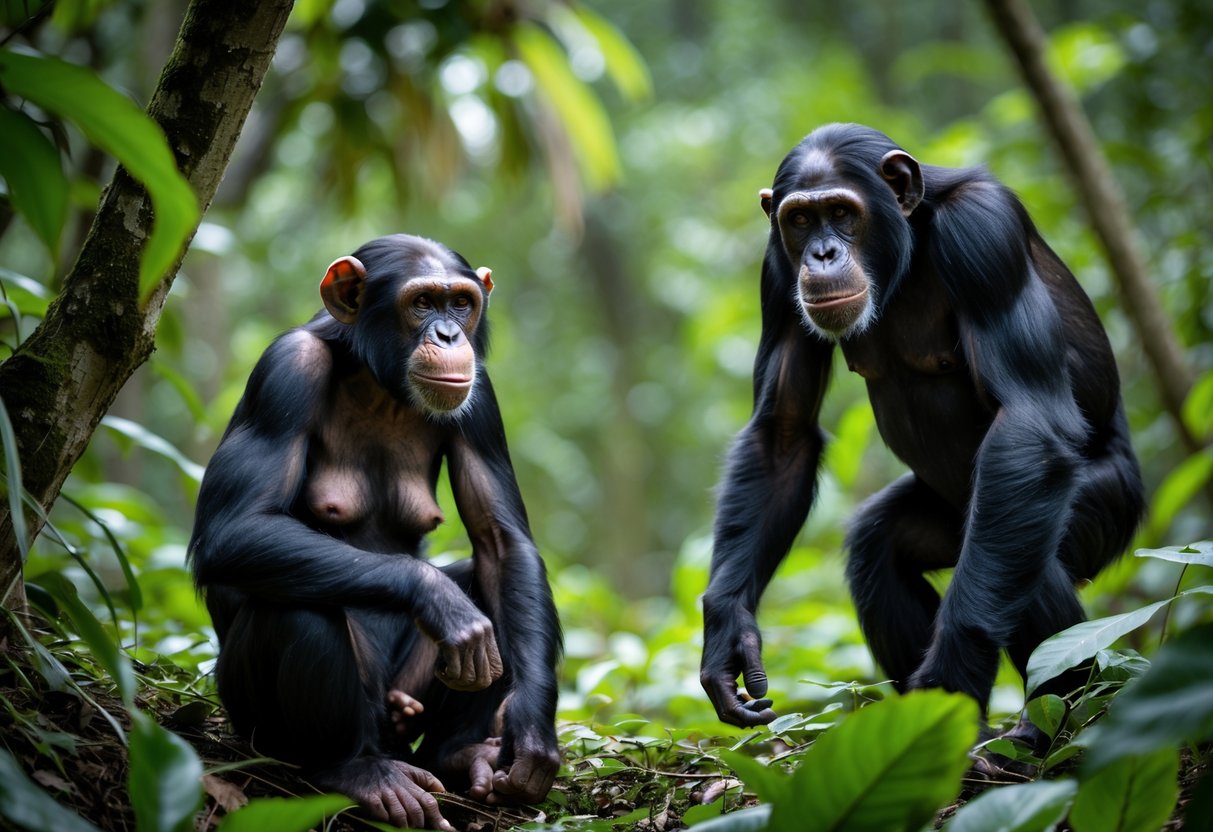 A female chimpanzee sitting cautiously on the forest floor with a dominant male chimpanzee standing nearby in a dense tropical forest.