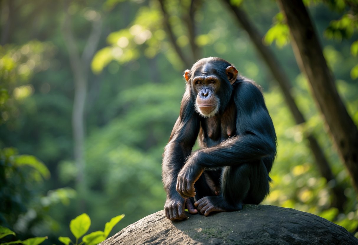 A chimpanzee sitting on a rock in a forest, looking thoughtfully into the distance.