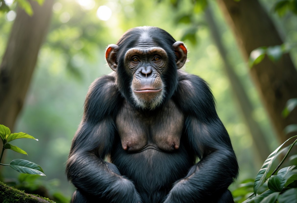A mature chimpanzee sitting calmly in a green forest with sunlight filtering through the trees.