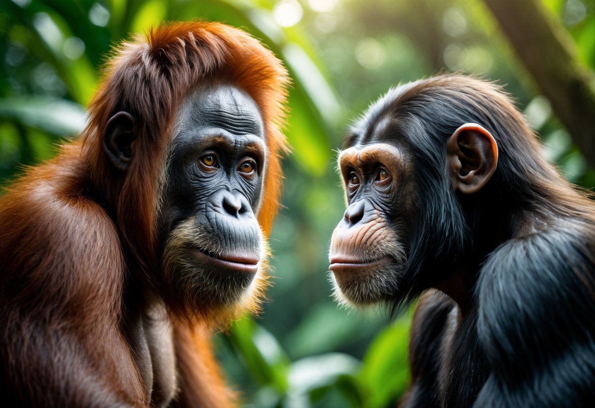 An orangutan and a chimpanzee facing each other in a green rainforest, showing calm and alert expressions respectively.
